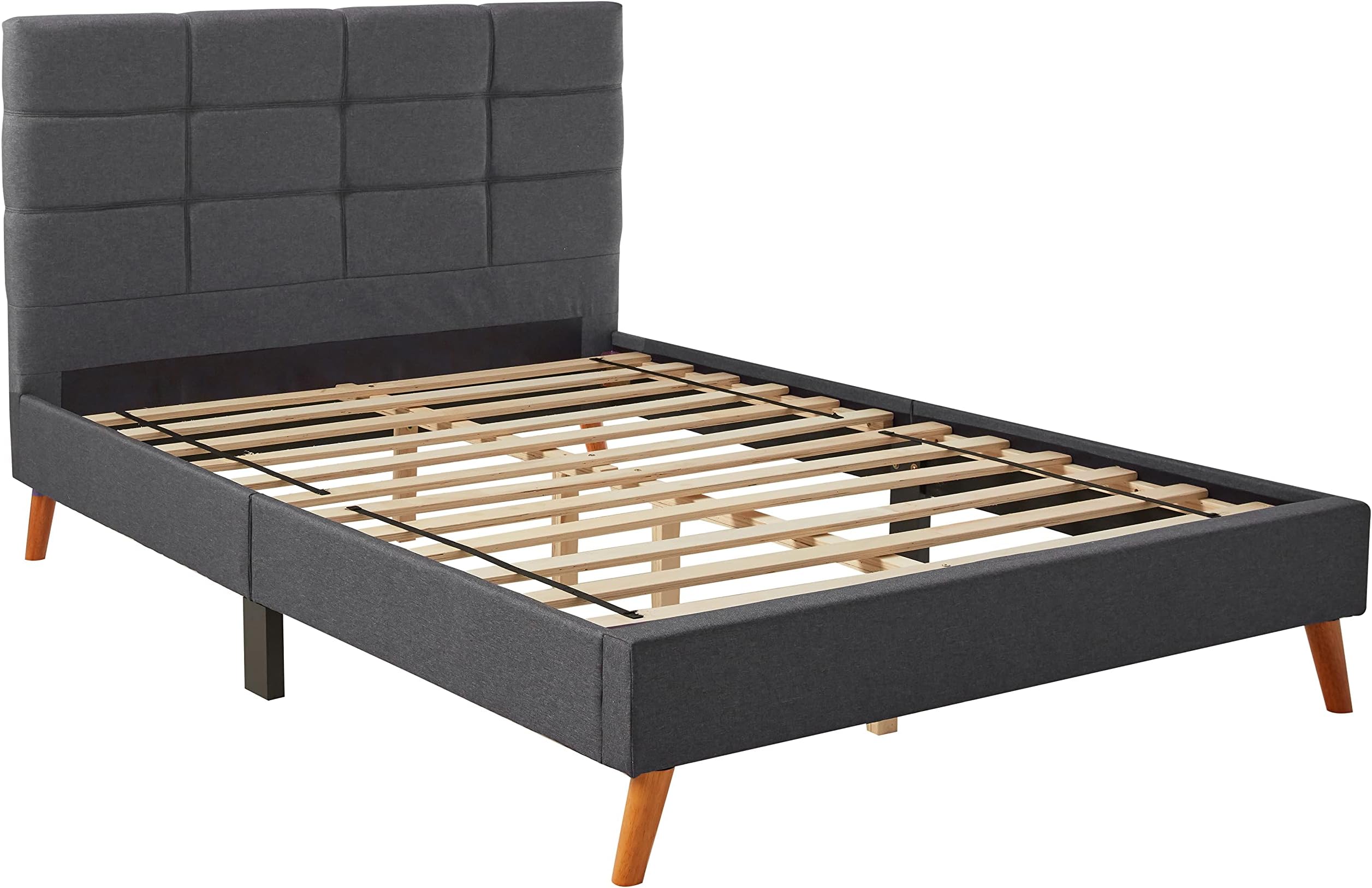 Mid-Century Linen Platform Bed Frame with Pleated Headboard Design (Full, Dark Grey)