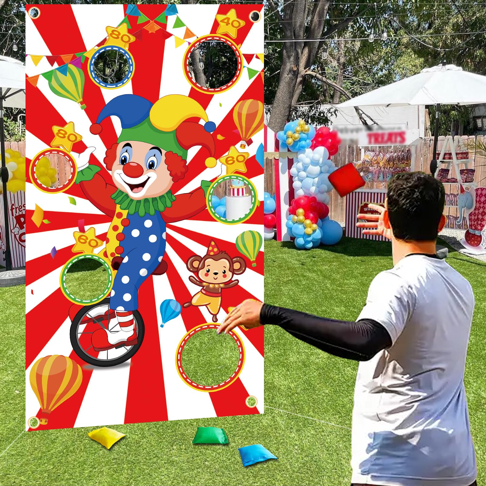 Carnival Toss Game Banner with 4 Bean Bags 6 Holes for Party, Indoor Outdoor Activities,Throwing Carnival Theme Party,Adults Birthday