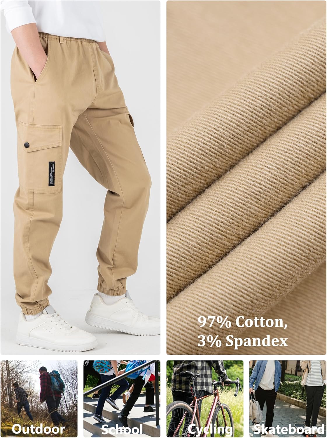 CAMLAKEE Boys Cargo Pants Stretch Elastic Waist School Kids Twill Joggers - Image 6
