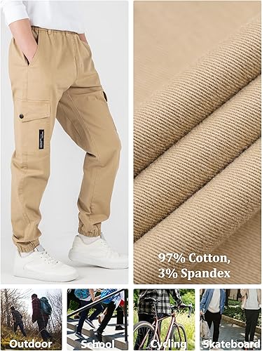 Miniatura 6 de CAMLAKEE Pantalones cargo para niños, cintura elástica, pantalones deportivos de sarga para niños
