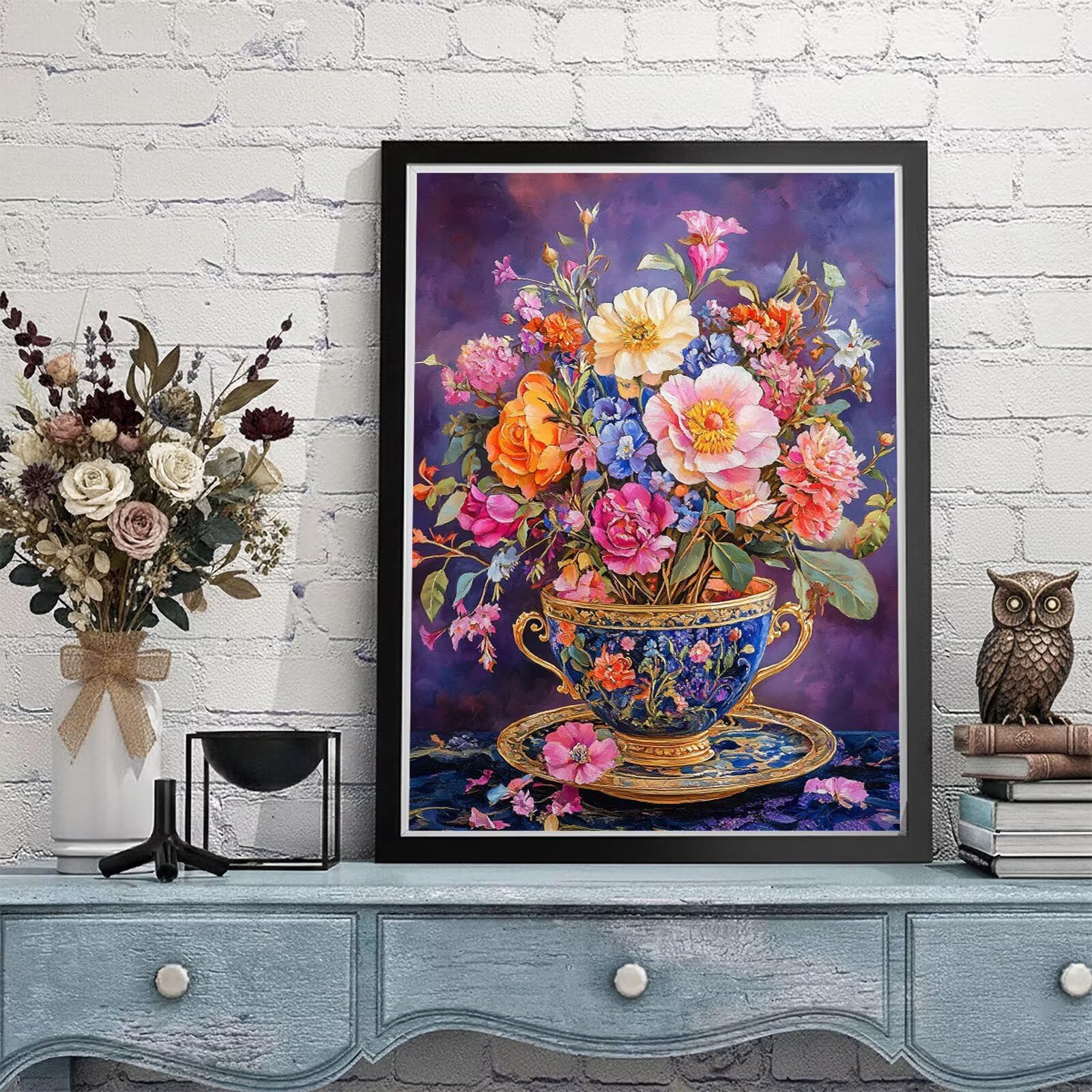 Dipingere con i Numeri Adulti Fiore Dipingere con i Numeri Tazza Paint by Numbers Hobby Creativi Adulti Fai Da Te Tela di Pittura a Olio Kit, Decorazioni Donna Regalo 60x80cm Senza Cornice Y3-681