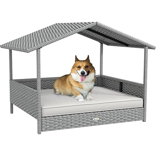 PawHut Wicker Dog House Outdoor with Canopy, Rattan Dog Bed with Water-Resistant Cushion, for Small and Medium Dogs, Cream White
