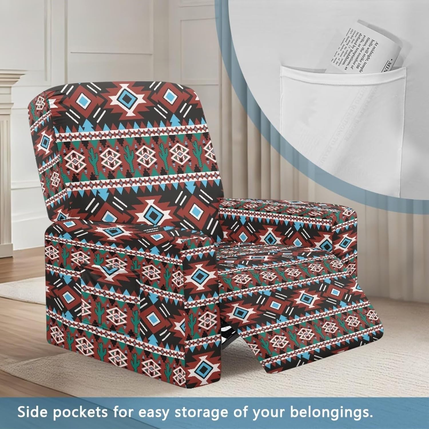 Recliner Chair Covers 4 Pieces Covers for Electric Power Lift Reclining Chair Single-Seater Furniture Protector Washable Armchair Protective, Native Aztec