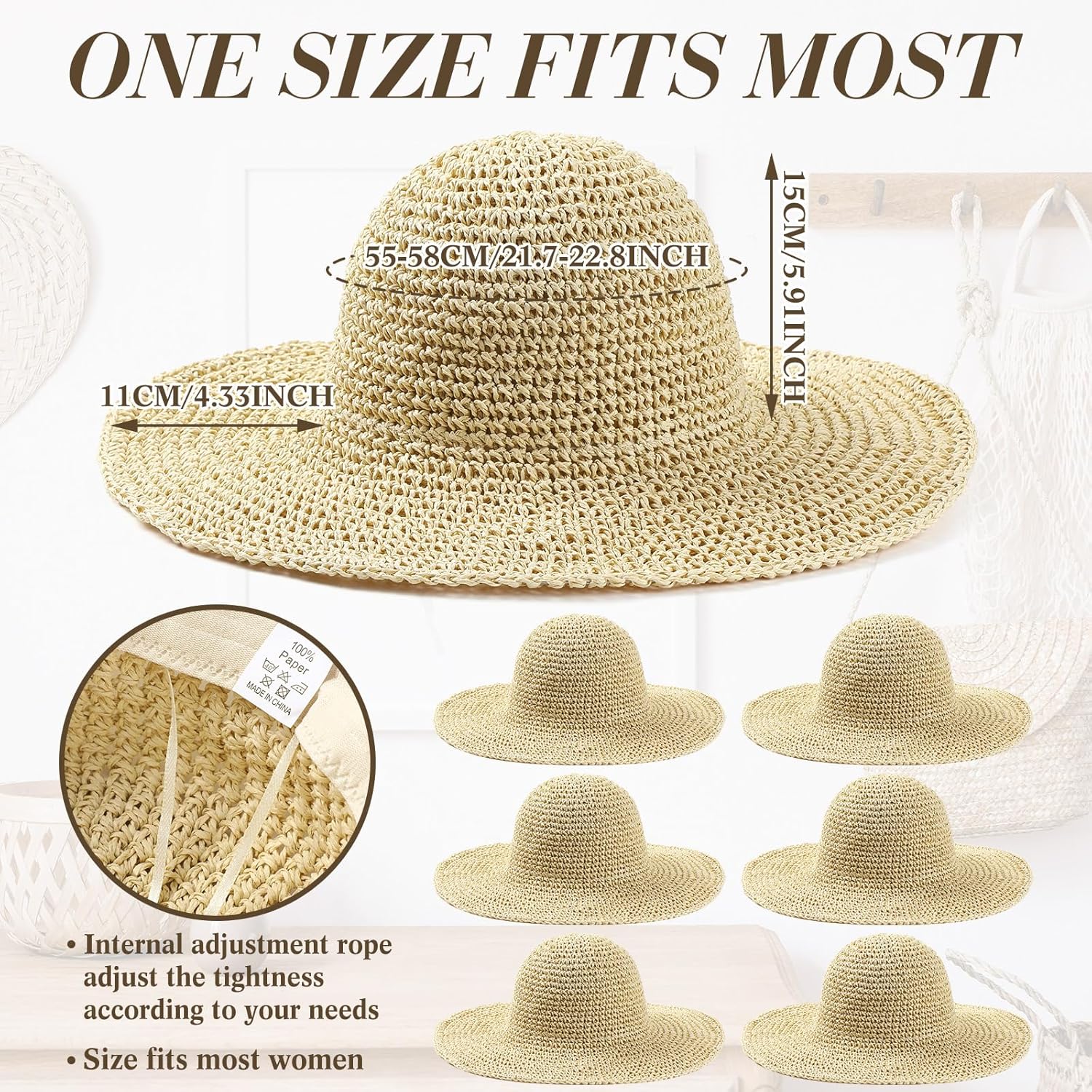 Bonuci 6 Pcs Floppy Paper Straw Sun Hat Foldable Packable Wide Brim Scarecrow Hat Breathable Crochet Bucket Beach Hat - Image 3