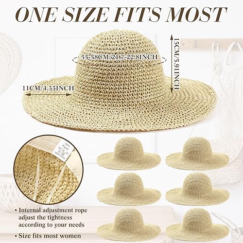 Miniatura 3 de Bonuci Sombrero de paja flexible plegable plegable de ala ancha espantapájaros sombrero transpirable ganchillo cubo playa sombrero 6 piezas