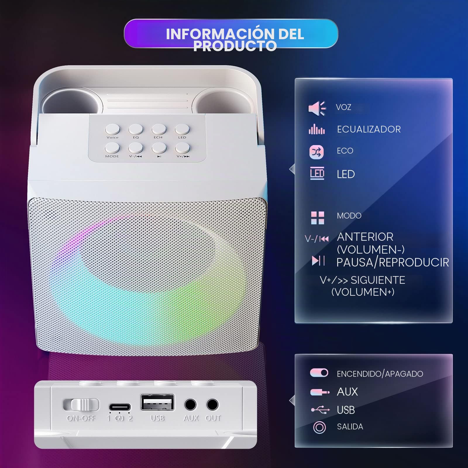 Karaoke Bluetooth con 2 Micrófonos Inalámbricos, Karaoke Profesional Completa con Luz LED, Altavoz de Karaoke con USB/Tarjeta TF/AUX, Sistema de Sonido Regalos para Fiestas y Canto (White)