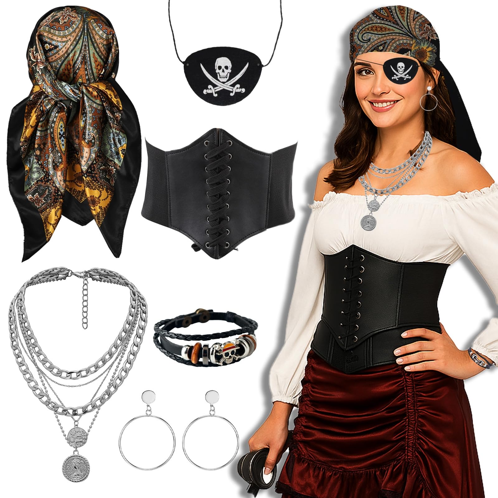 AYNKH Women's Pirate Costume Accessories Set-Headscarf,Sash Belt,Earring,Eye Patch