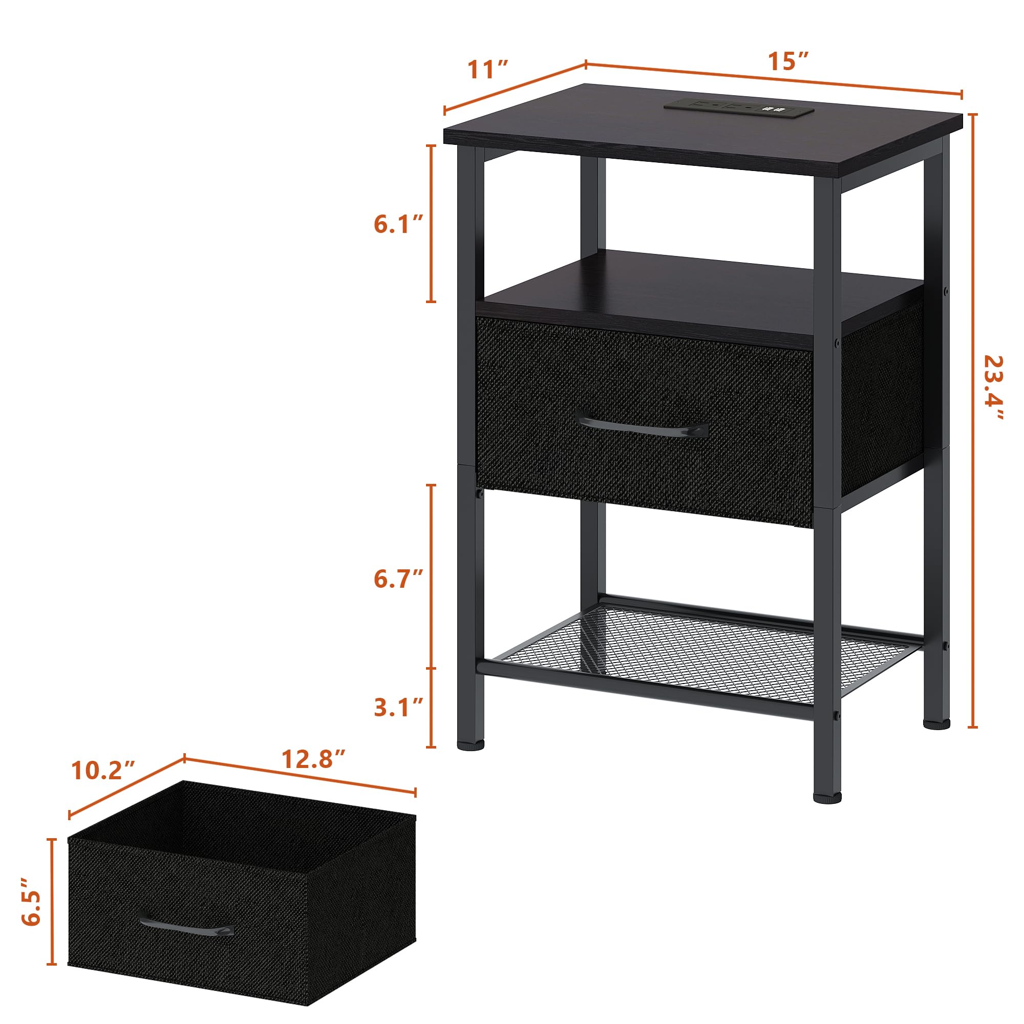 Night Stand Set 2, End Table with Charging Station, LED Bedside Table