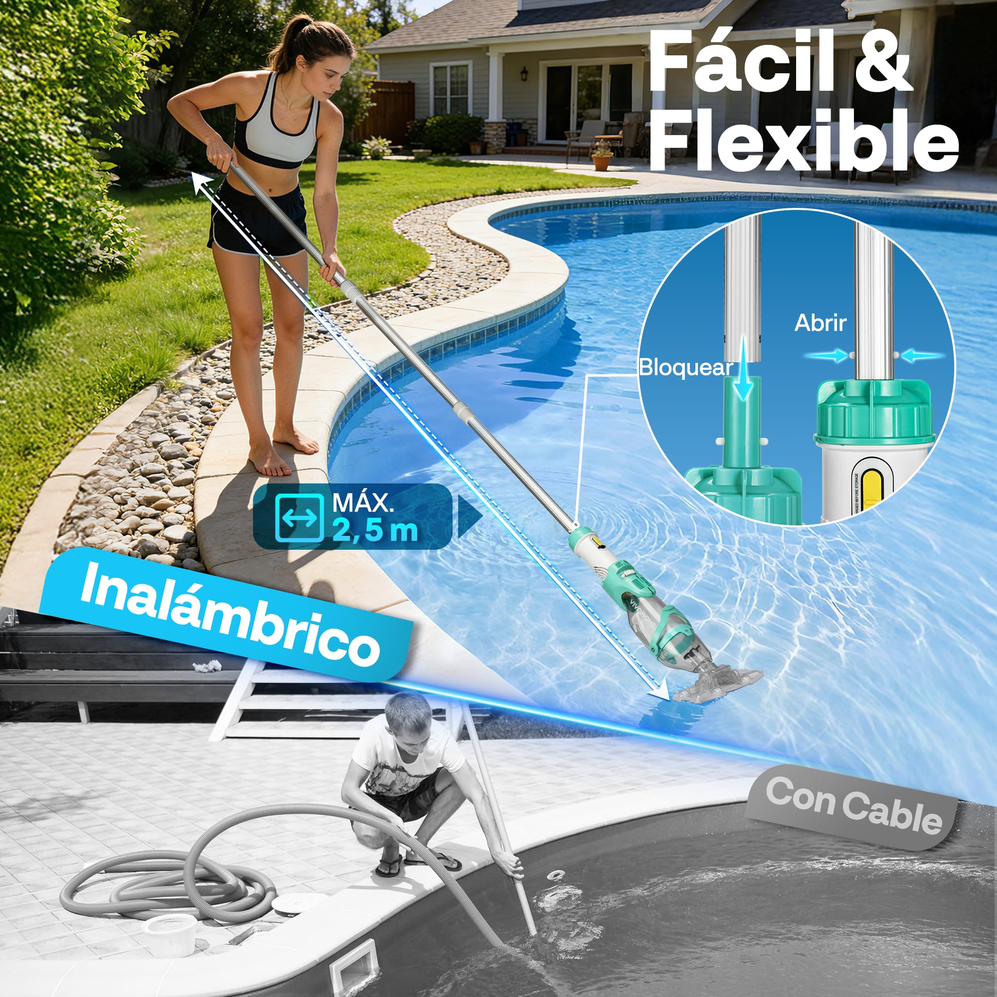 VIVOHOME 250cm Aspirador de Piscina Inalámbrica con Succión Fuerte de 4300LPH, Limpiafondos Piscina Autonomía de 75 Minutos para Piscinas Spas y Jacuzzis