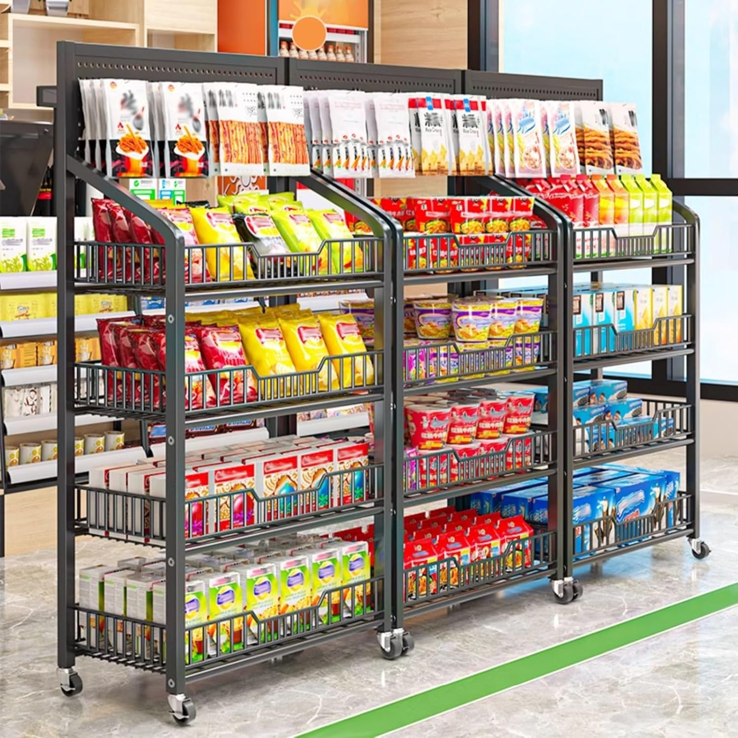 Commercial Supermarket Shelf Display Rack 4 5 Tier, Floor-Standing Snacks/Medicine Organizer Stand with Wheels, Portable Chip Holder for Pantry Kitchen Office(Black,5 Tier)
