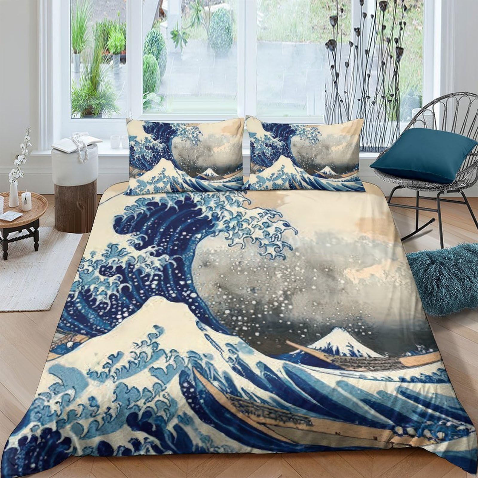 Ctjqhvkz Style-8 3D Printed Japanese Wave Fitted Sheet Microfiber Soft Blue Ocean Art Bed Cover For Bedroom Dorm Mattress Decor Single（135X200cm）