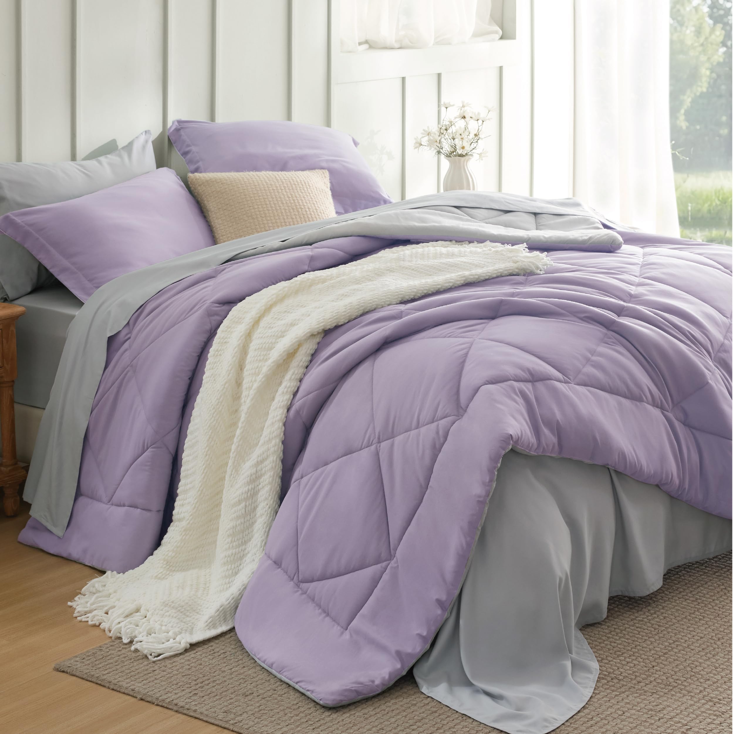 Bedsure Light Purple Queen Comforter Set - 7 Pieces Reversible Queen Bed in a Bag, Queen Bed Set Light Purple and Grey with Comforters, Sheets, Pillowcases & Shams