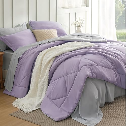 Miniatura 1 de Bedsure Juego de edredón de tamaño matrimonial, ropa de cama reversible de 7 piezas, color morado claro, juego de cama tamaño matrimonial para todas