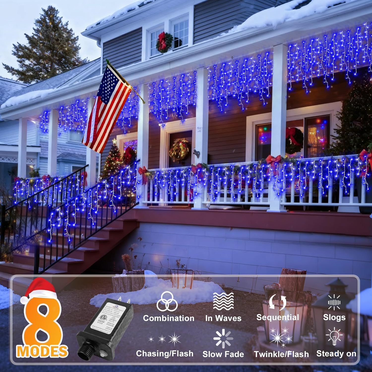 KNONEW Christmas Lights Outdoor Decorations 400 LED 33ft 8 Modes Curtain String Light with 75 Drops, Clear Wire LED Fairy Light Indoor Decor for Wedding Party Christmas Decorations(Blue)