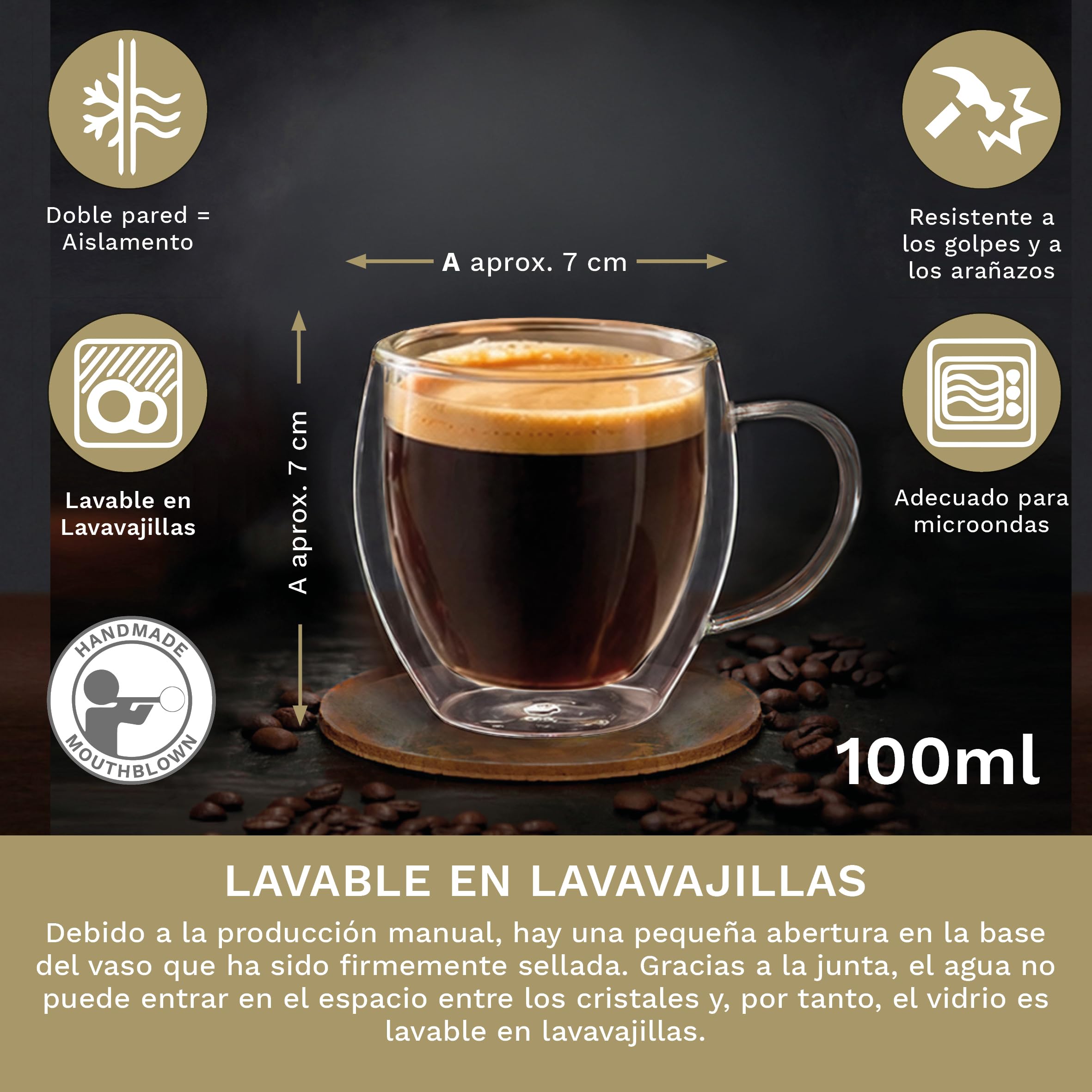 Creano Vasos de Doble Pared para Espresso „Modelo Alto“ con Asa de Vidrio de Borosilicato 100ml – Juego de 6 Vasos