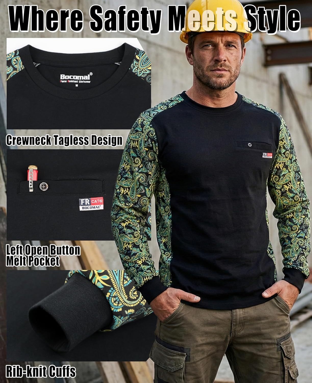 BOCOMAL FR Shirts Crewneck 5.5oz Lightweight Cotton Paisley Two-Tone Flame Resistant Long Sleeve CAT2 Work Shirt - Image 4