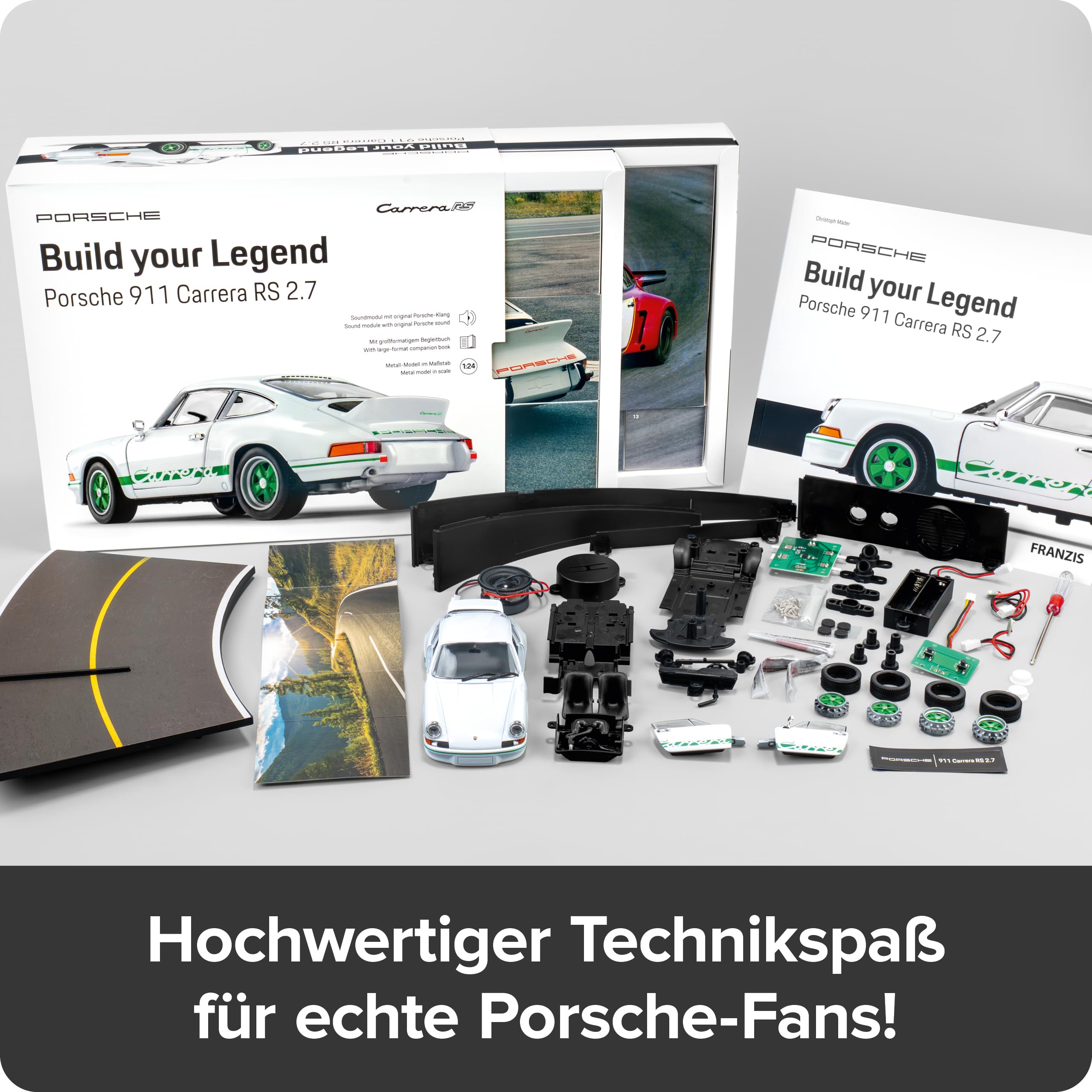 Franzis 67267 - Porsche 911 Carrera RS 2.7 - Build Your Legend - detailgetreuer Modellbausatz inkl. Soundmodul, LED-Beleuchtung, Begleitbuch