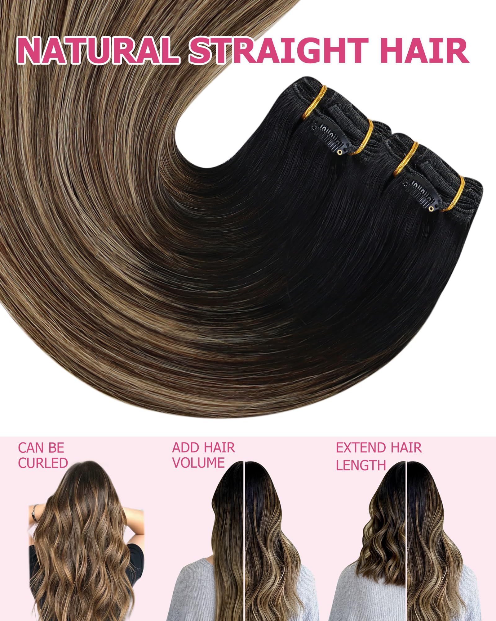 YoungSee Extension Cheveux Naturel Clip Noir Ombre Blond Extension Cheveux Clip Humain 7pcs 50cm Rajout Clips Naturel Noir à Brun Fonce Balayage Blond 20 Pouces 120g /1B/4/27 20 Pouces