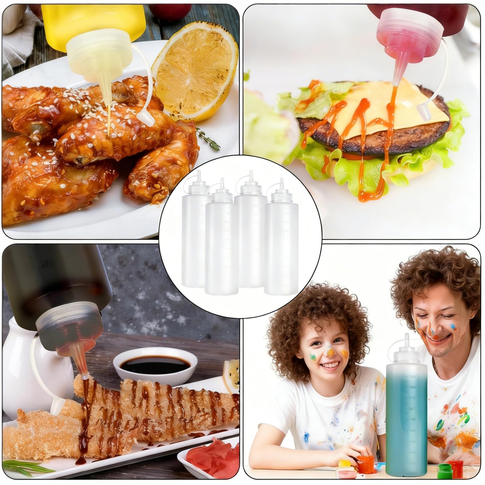 4 Piezas Biberon Cocina 1000ml, Biberones Cocina 32oz, Transparente Biberones con Tapa, Plástico Botella de Salsa con 1 Cepillo Limpiador y 10 Pegatinas, para Salsas, Ketchup