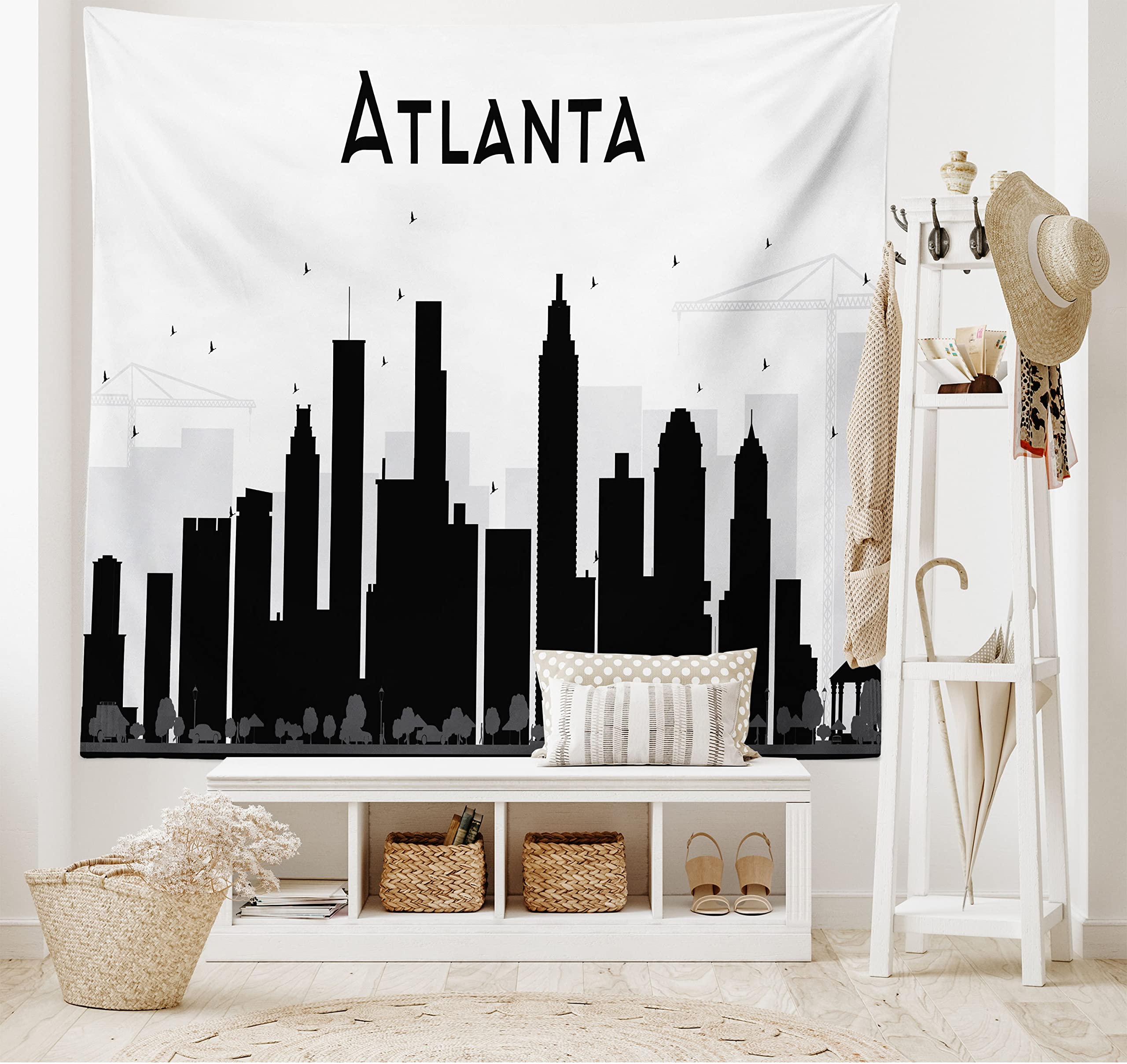 Lunarable Atlanta Tapestry, Monochrome Silhouettes of Buildings in Georgia Traveling Theme Skyscrapers, Fabric Wall Hanging Decor for Bedroom Living Room Dorm, 45