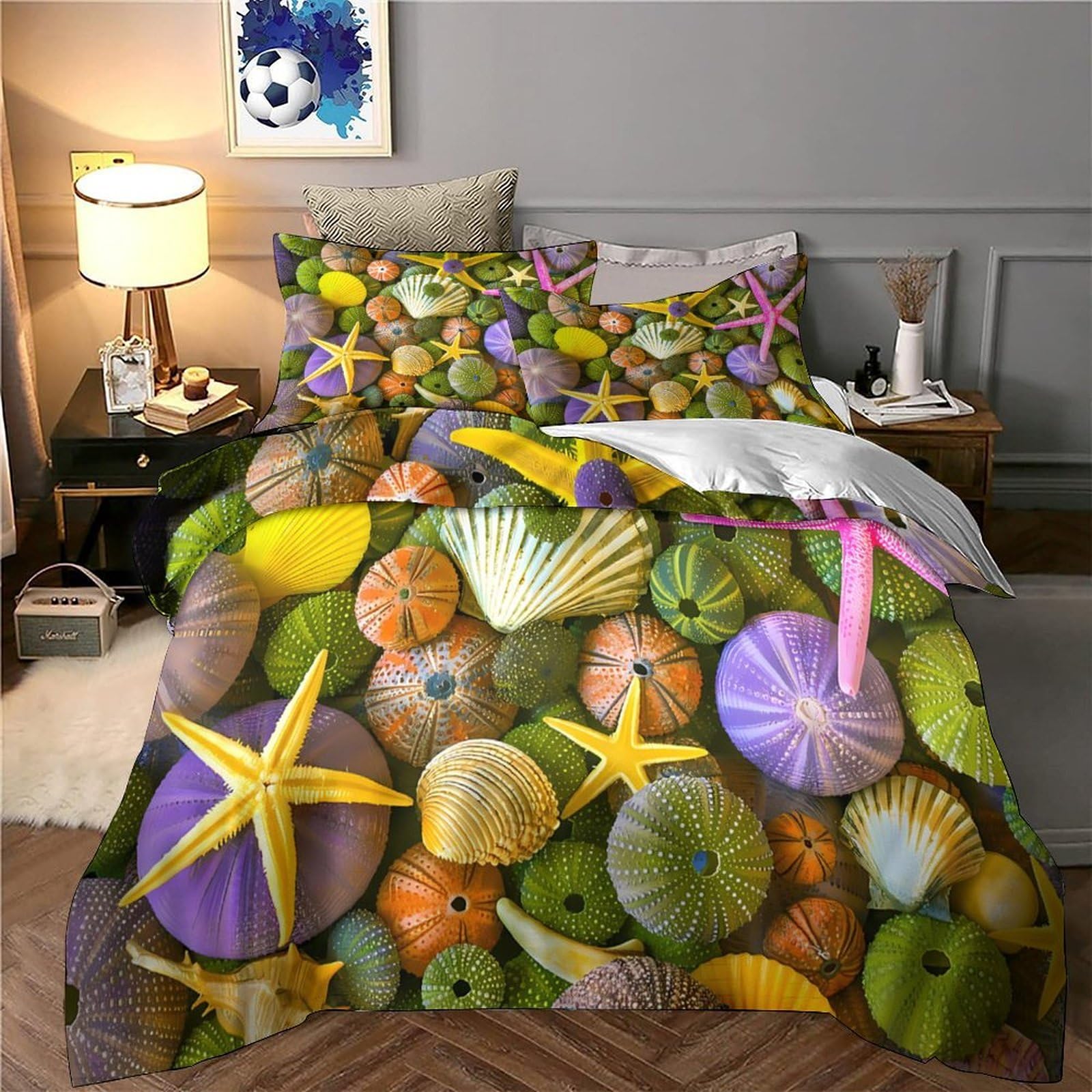 Stampa 3D Sea shells Copertura per letto Microfibra Biancheria per letto Con federa Traspirante Ocean decor style Fodera copriletto Leggero per giovani coppie coinquilini Super king（260x220cm）
