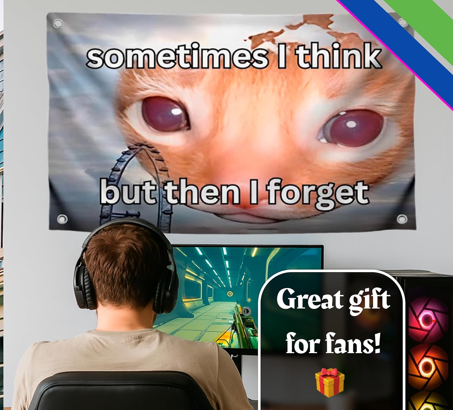 3x5 Feet Cats Meme Flag with Quote "Sometimes I Think But Then I Forget" with Four Brass Grommets - Polyester College Dorm Banner for Room Decoration - Single Sided Animals Tapestry Quotes Banner - Image 5