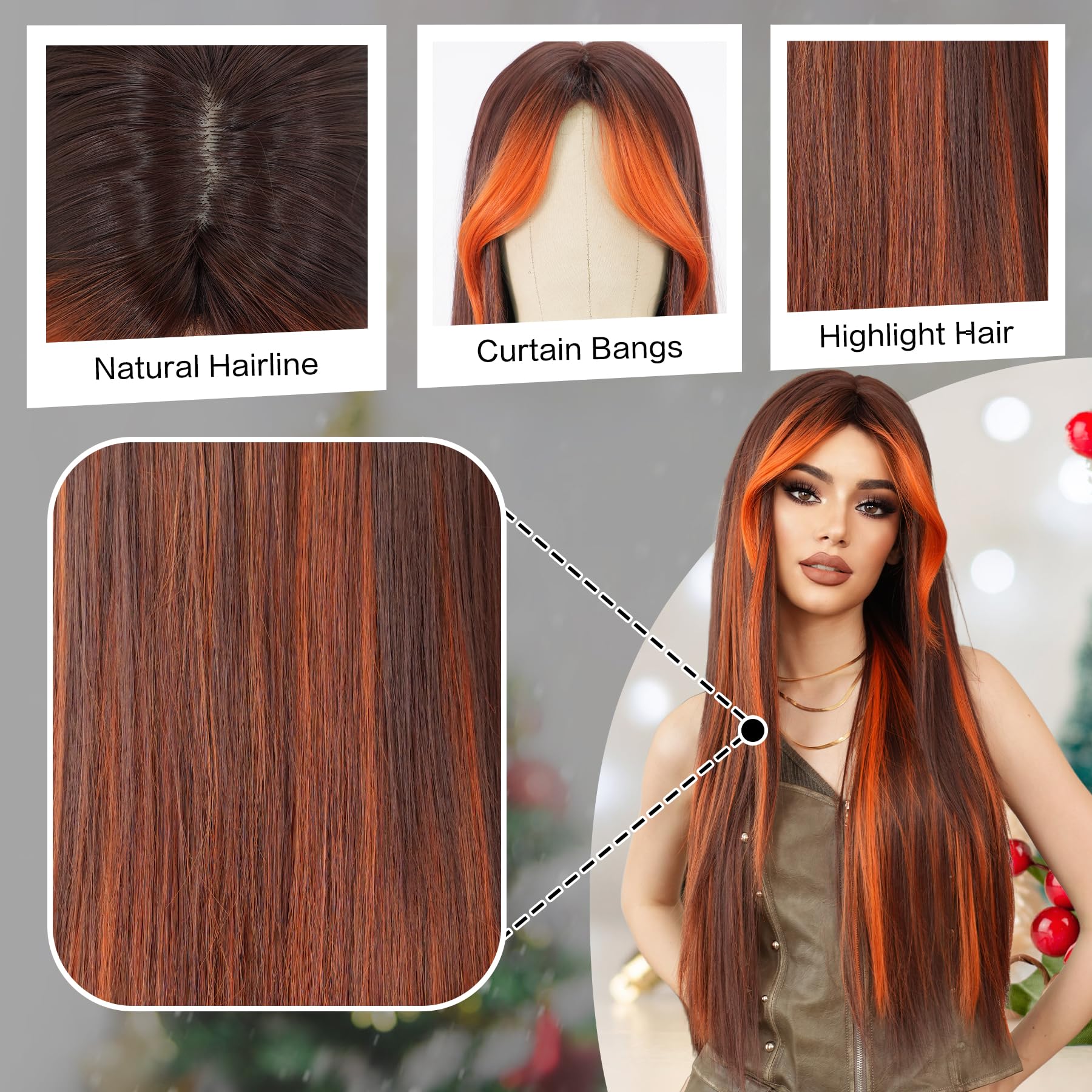 #2/30 Auburn Ombre Long Straight Costume Wig Auburn Human Hair Wig 30″ – Straight, 150% Density, 13x4  main image 3