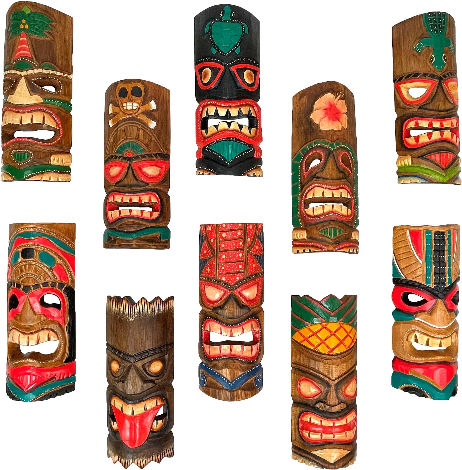 Zeckos Set of 10 Hand Carved Tropical Island Style Tiki Masks 12 Inch