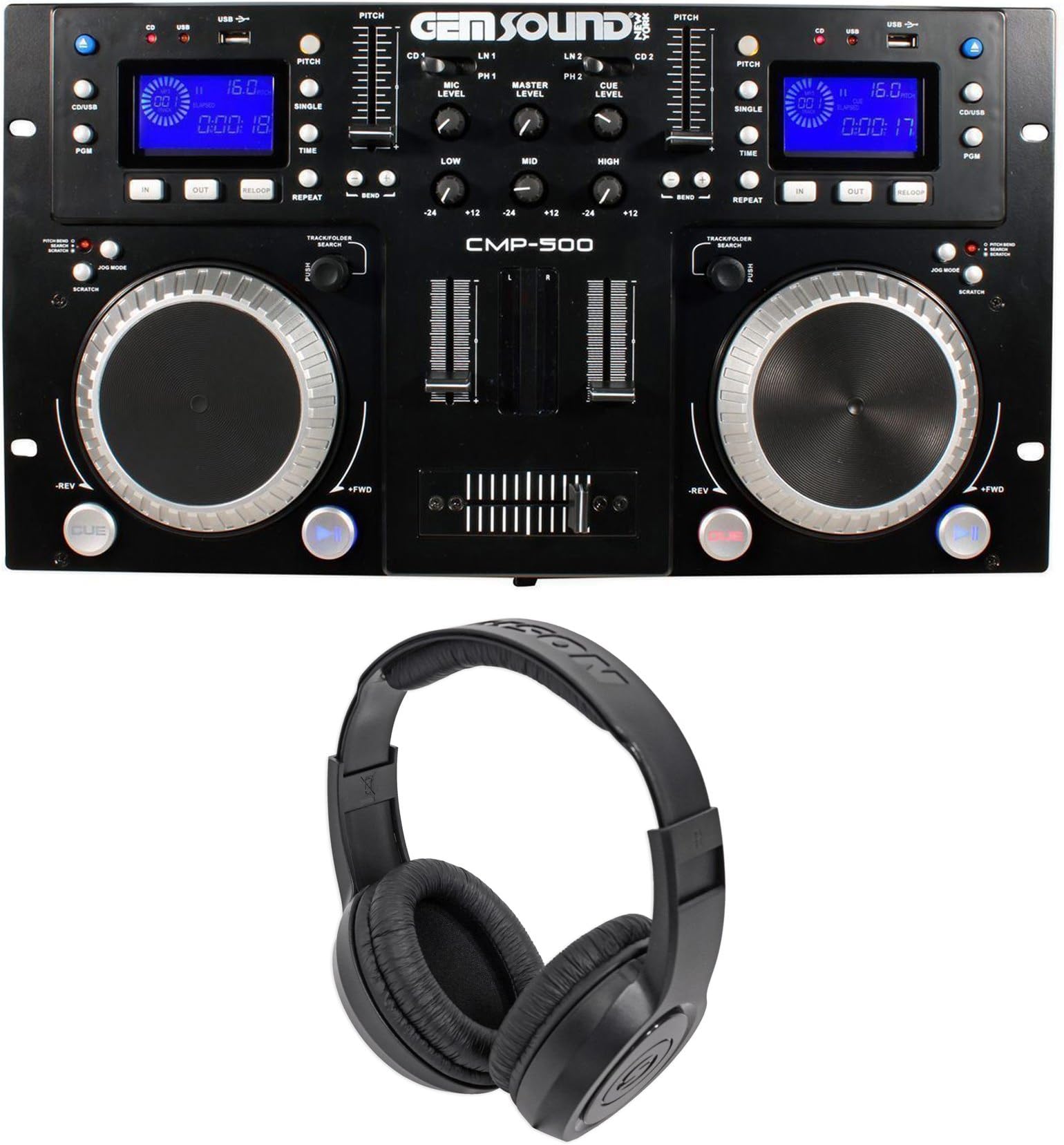 Gemsound CMP500 Dual CD/USB/MP3 Player DJ Mix Station Mixer + Headphones
