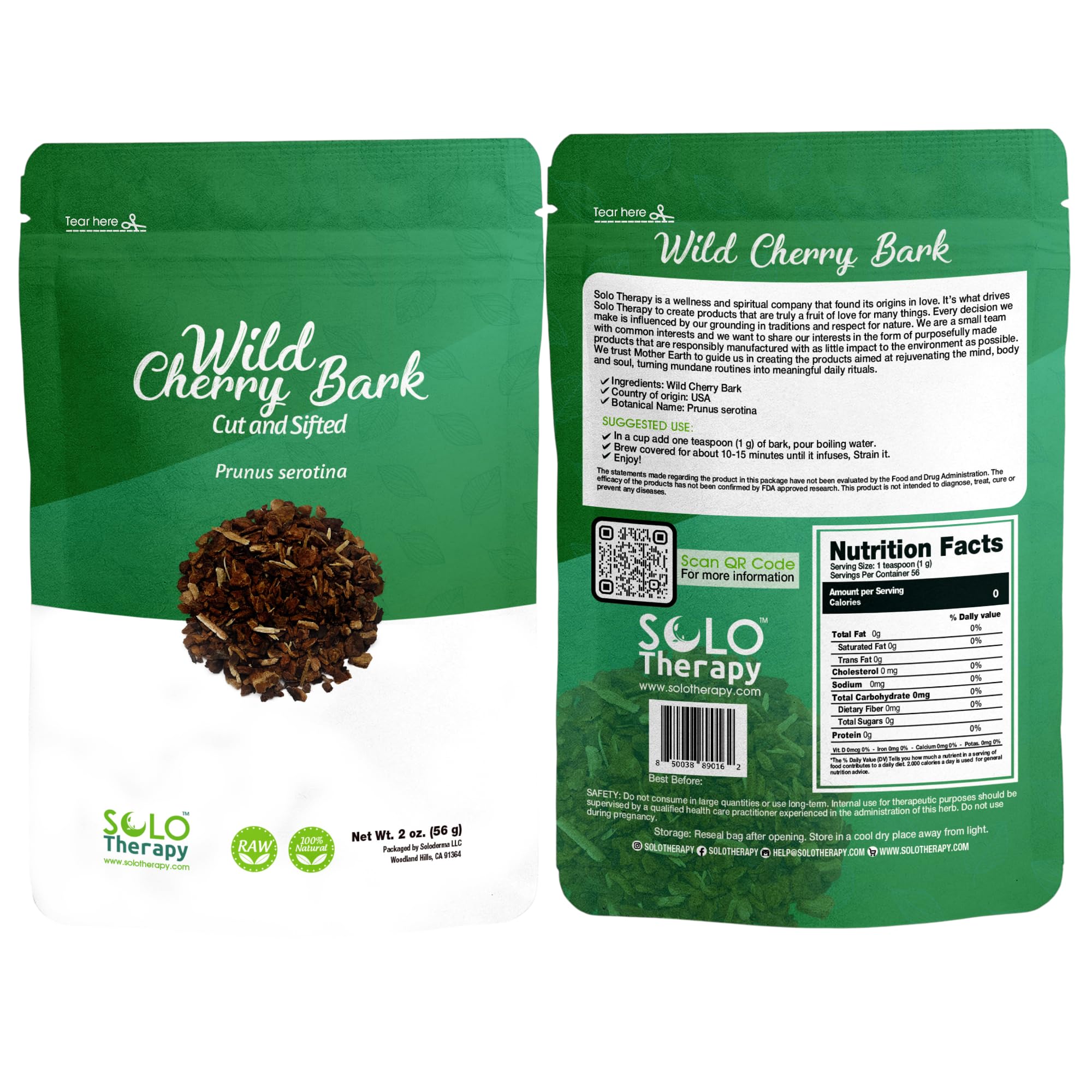 Wild Cherry Bark 2 oz, c/s, Prunus serotina, Resealable Bag, Wild Cherry Bark Herb Tea, Corteza de Cereza Silvestre