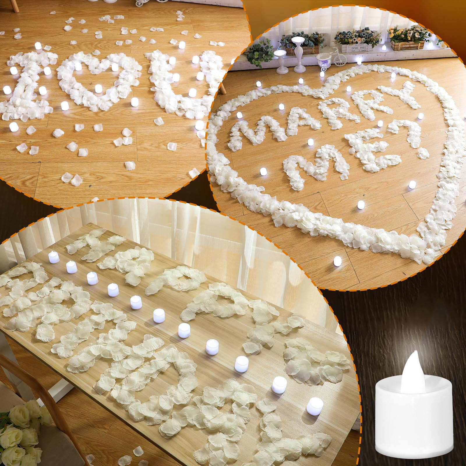 Coume 6000 petali di rosa artificiali con 72 candele a LED senza fiamma, decorazioni romantiche, candele finte per anniversario, decorazioni per la notte di nozze (bianco)