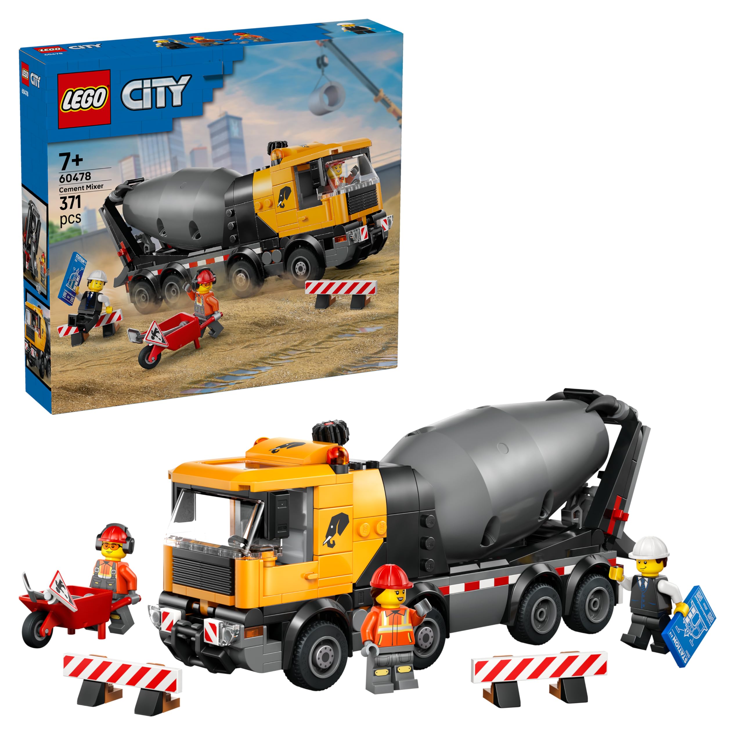 LEGO City Cement Mixer Truck Toy - Educational Construction Site Vehicle Model w/ 3 Minifigures, Rotating Drum & Pouring Function - Birthday Gift Idea for 7+ Year Old Boys - 60478
