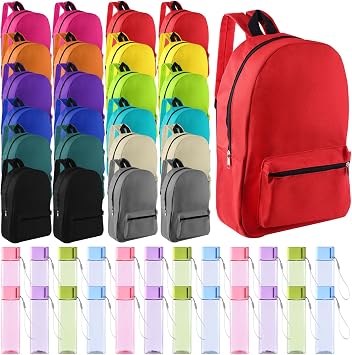 24 Set Bulk Backpacks with Sport Water Bottle Back to School Supplies Kit Book Bags in Bulk for Elementary, Middle, and High School Kids Boys Girls Teens Students