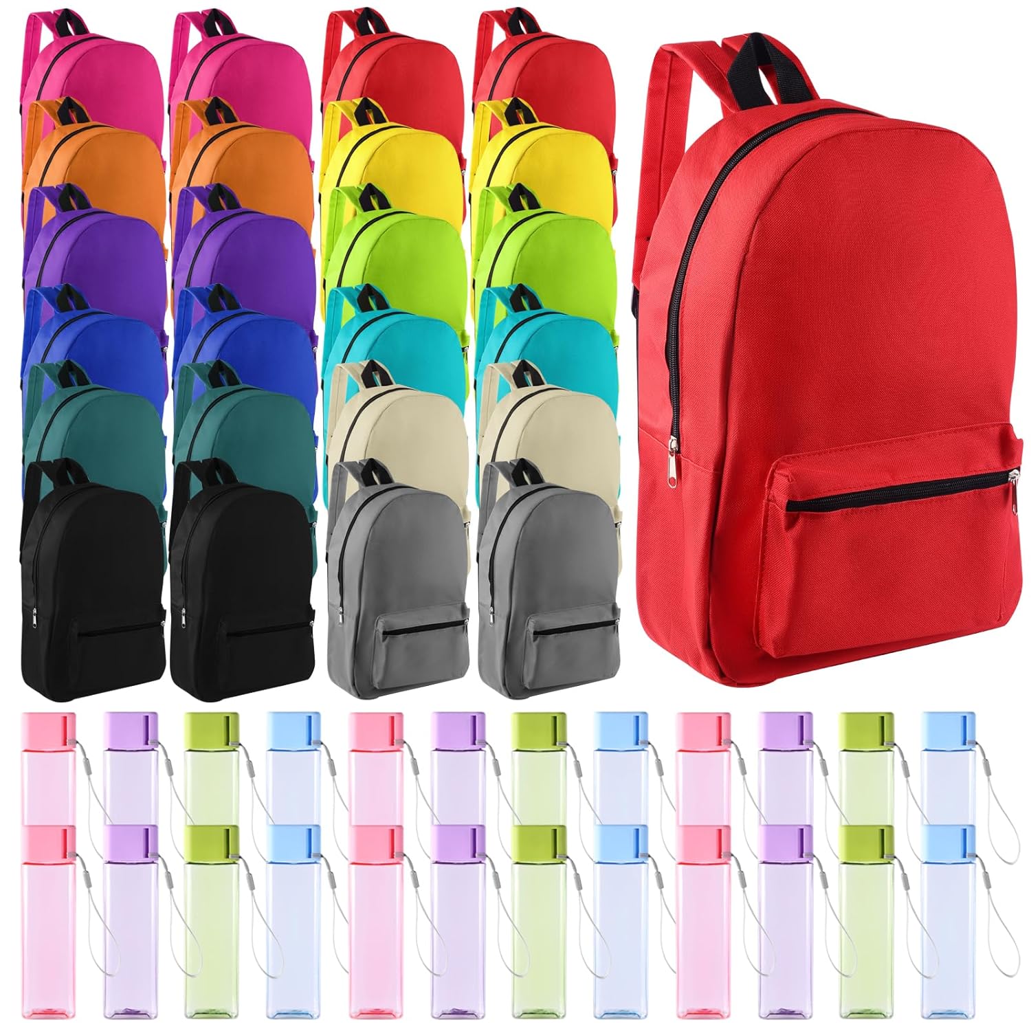 24 Set Bulk Backpacks with Sport Water Bottle Back to School Supplies Kit Book Bags in Bulk for