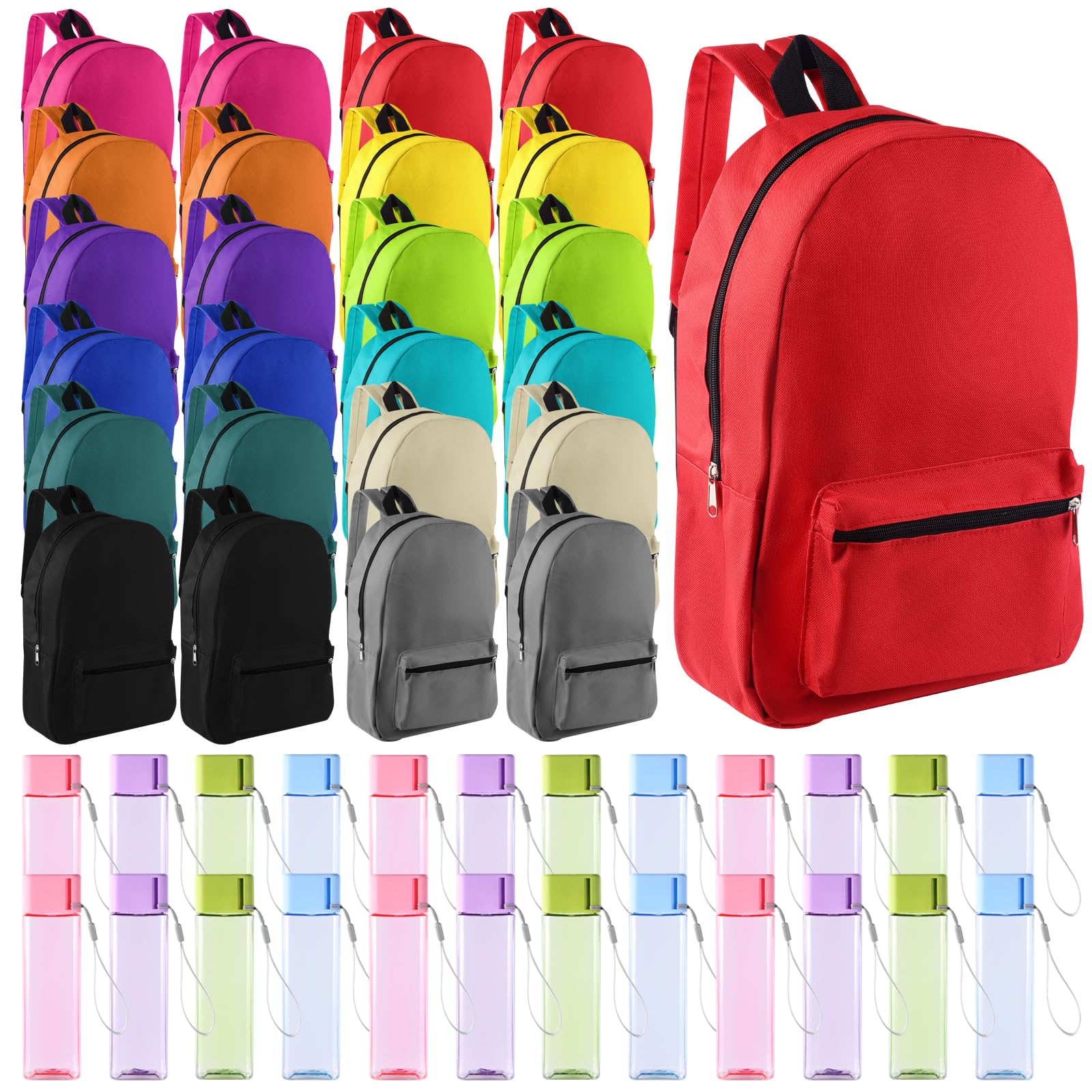 24 Set Bulk Backpacks with Sport Water Bottle Back to School Supplies Kit Book Bags in Bulk for