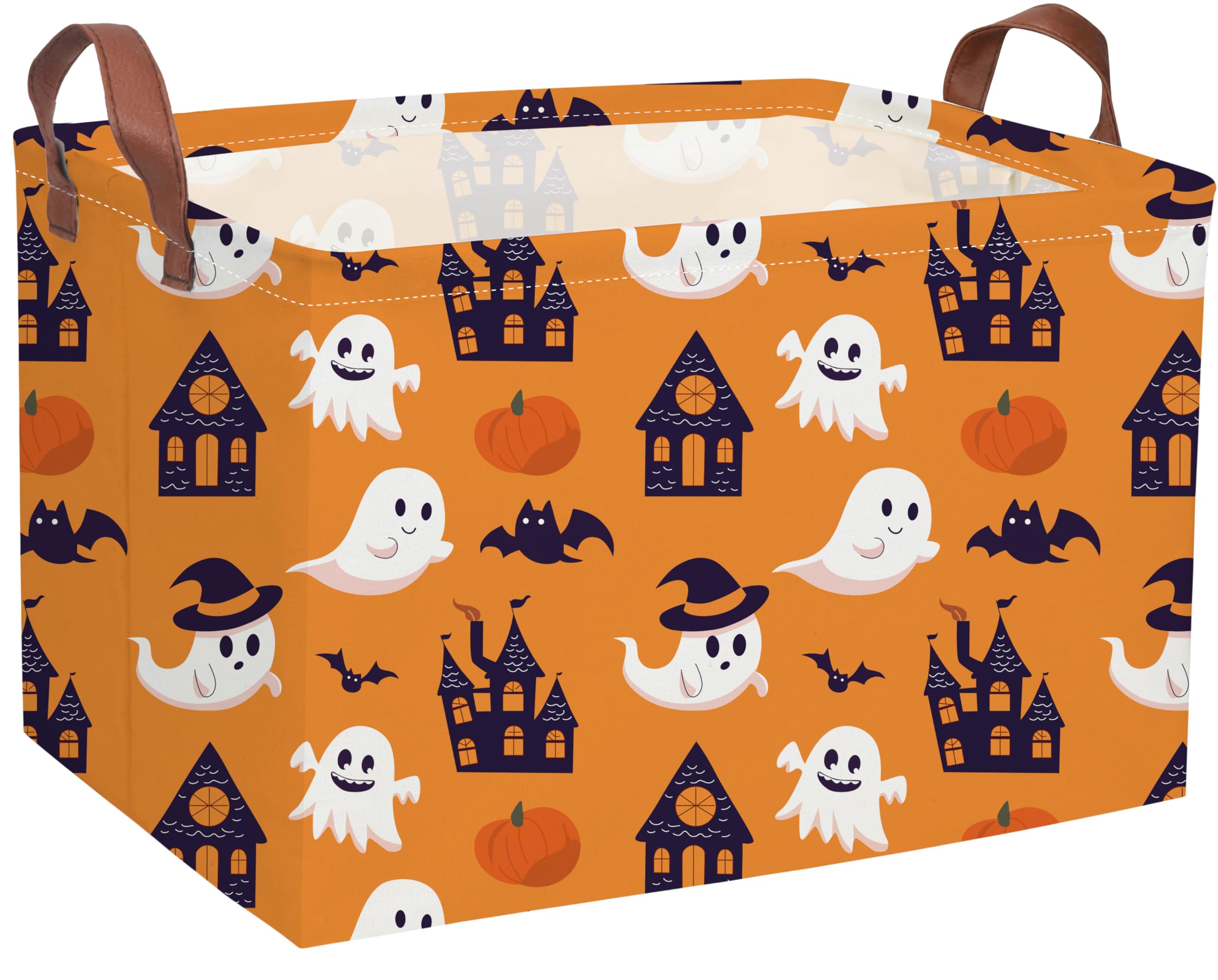 Essme Rectangular Halloween Basket,Kids Baskets Empty with Handles,Cute Baskets for Kids Halloweens Room Decor,Boys and Girls, Candy Basket(Yellow Castle Ghost)