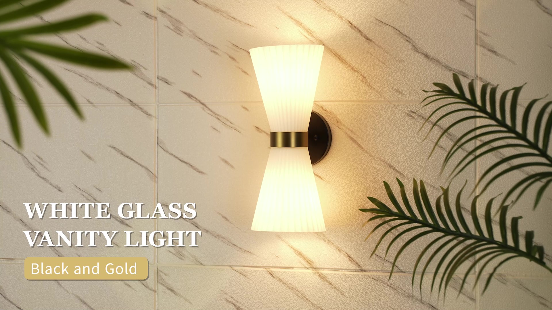 Image of Wall Sconces Set of Two, HWH 14.3 Inch Black and Gold Bathroom Sconces with Frosted Milk White Striped Glass, Up Down Modern Wall Light fixtures for Living Room Bedroom, 5HZG97B-2W-2PK BK+BG