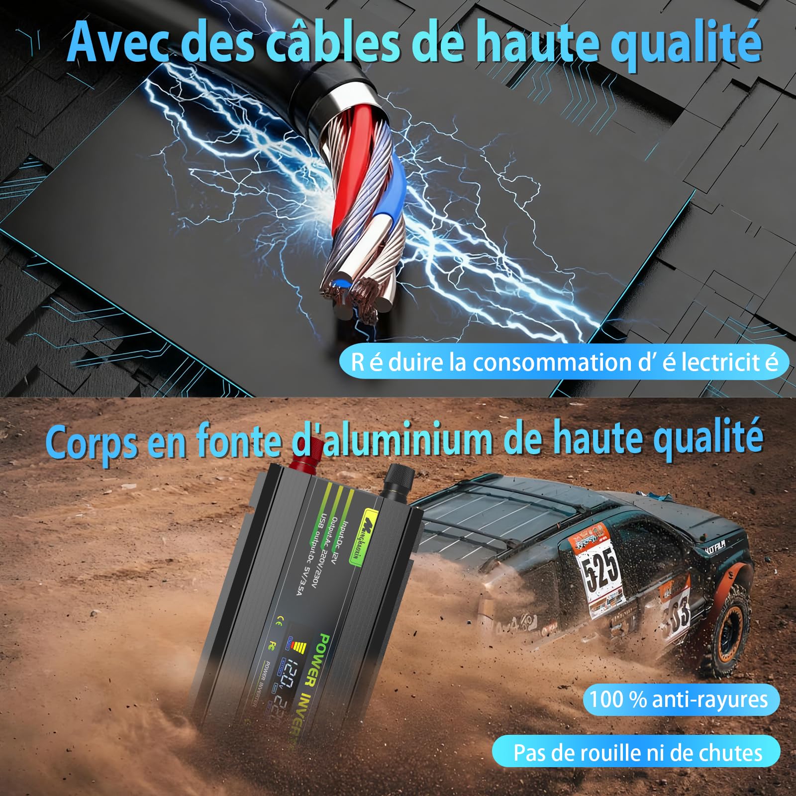 1000W/2000W Convertisseur 12V 220V/230V Transformateur, DC AC Onduleur Power Inverter Allume 2 Prise EU De Courant Alternatif LCD pour Voiture, Camping, Voyage, Panneau Solaire, VR