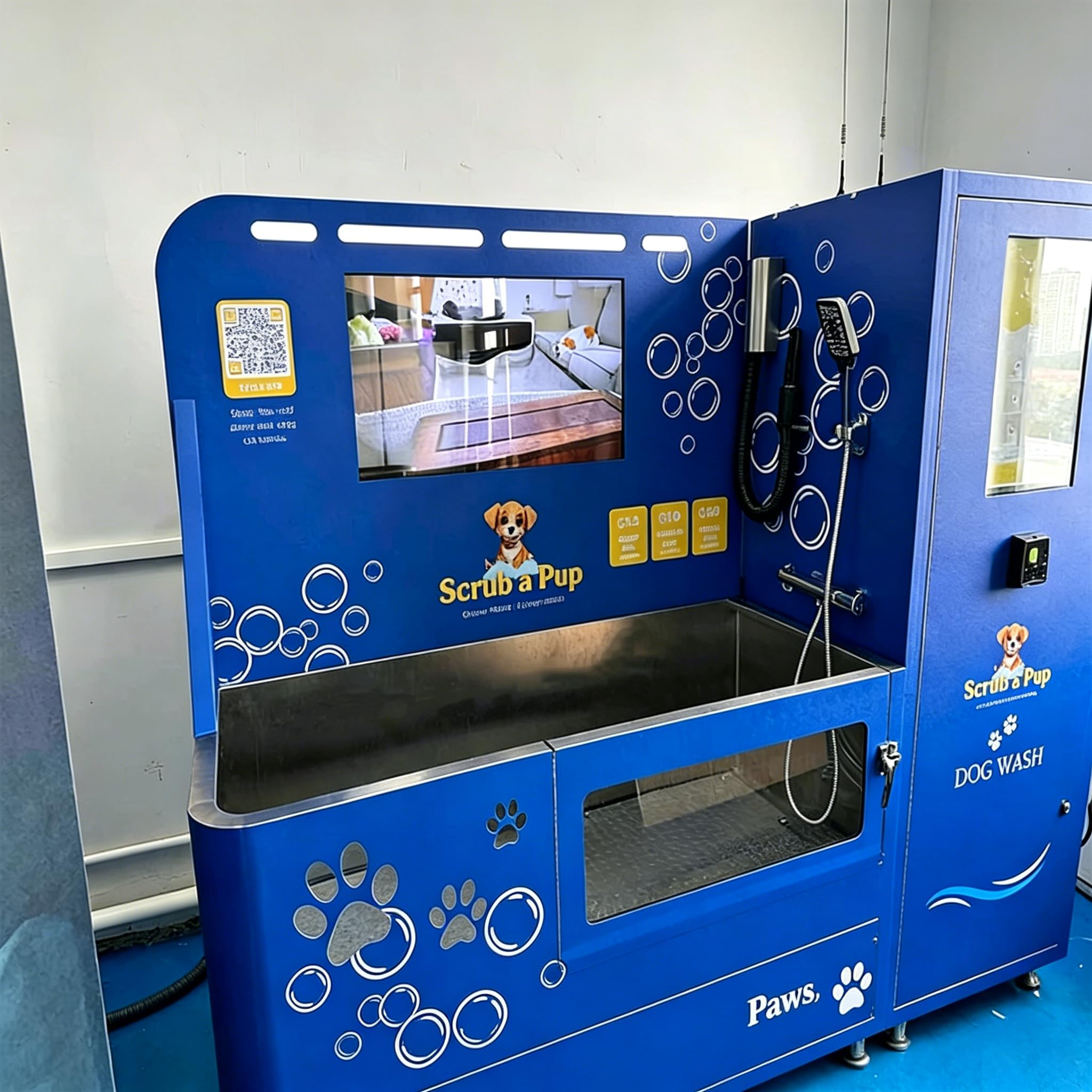 Stazione di lavaggio per cani commerciale con sistema di asciugatura integrato, stazione di toelettatura per animali domestici self-service con struttura in acciaio inossidabile per negozi di animali