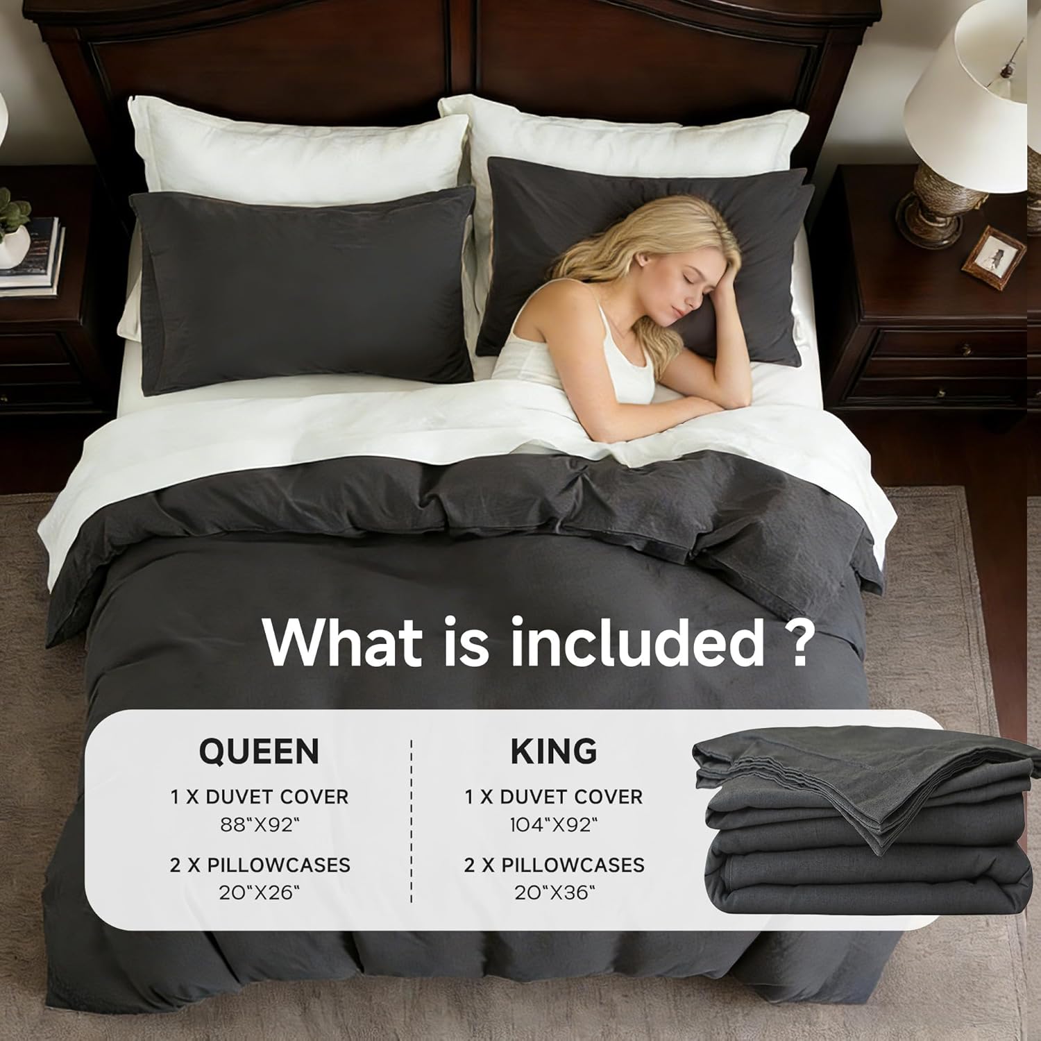 Flax Linen Duvet Cover Queen Size, 3PCS Natural French Linen Cotton Duvet Cover Set-1 Duvet Cover & 2 Pillowcases, Soft Breathable Comfy Linen Blend Bedding Set (Dark Grey, 88" X 92") - Image 4