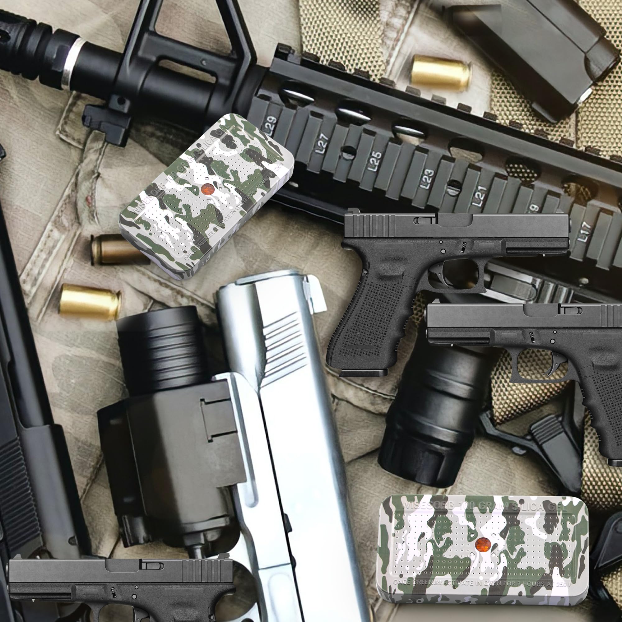 Wisesorb Deshumidificador seguro de pistola de camuflaje de 100 gramos, bote de gel de sílice, deshumidificador recargable, desecante, reutilizable, indicador, absorbente de humedad desecante con