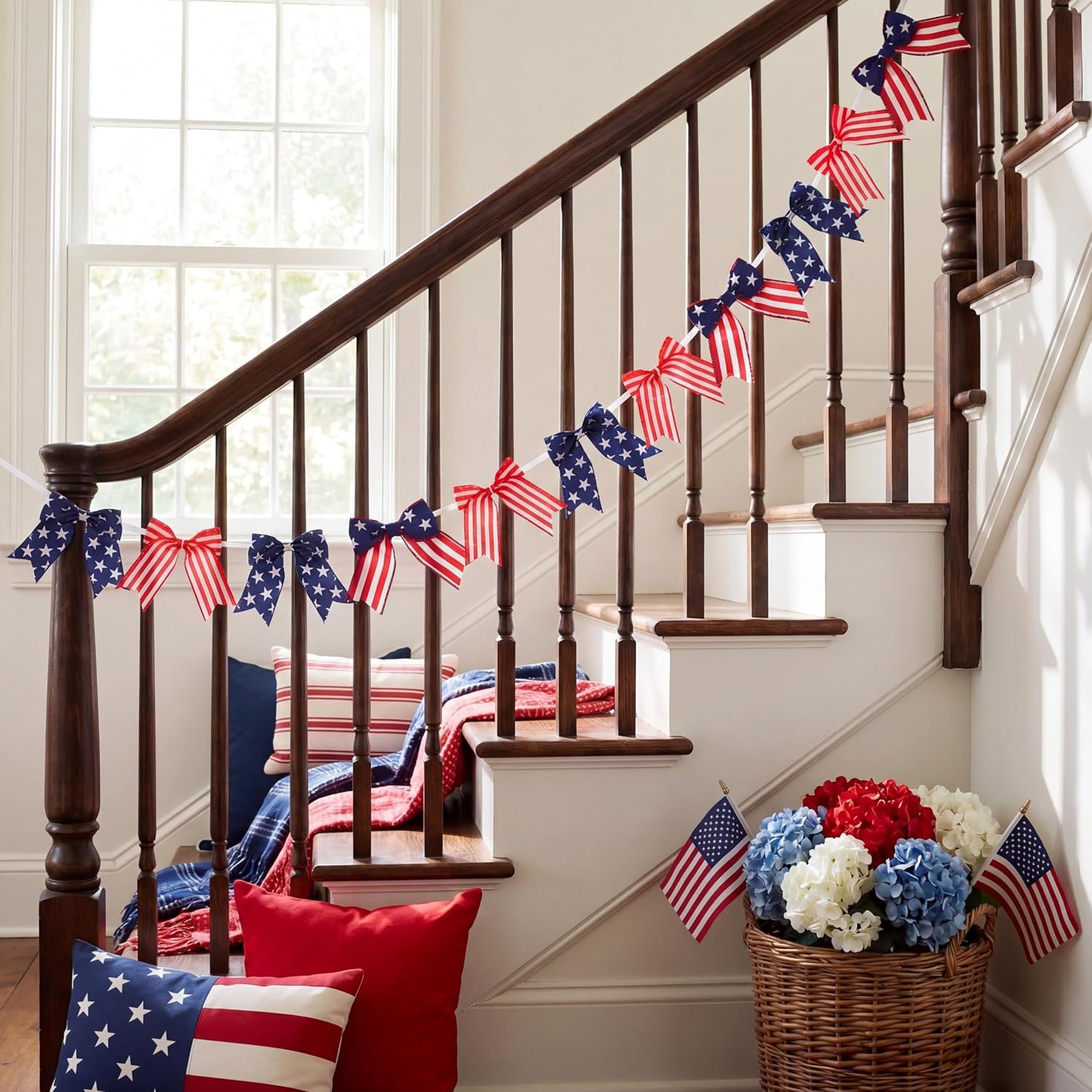 6.2 ft 4th of July Decorations Patriotic Bow Garland Banner Red White and Blue Bow Banner Vintage Mantel Decoration 250th Anniversary Wall Decor for Independence Day Memorial Day Party Supply