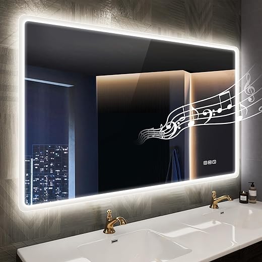 40"x28" LED-Bathroom-Mirror-with-Lights, Wall-Mounted with Bluetooth Speaker, Anti-Fog, 3 Color Temperature, Dimmable Brightness, Waterproof, Tempered Glass, Frontlit & Backlit
