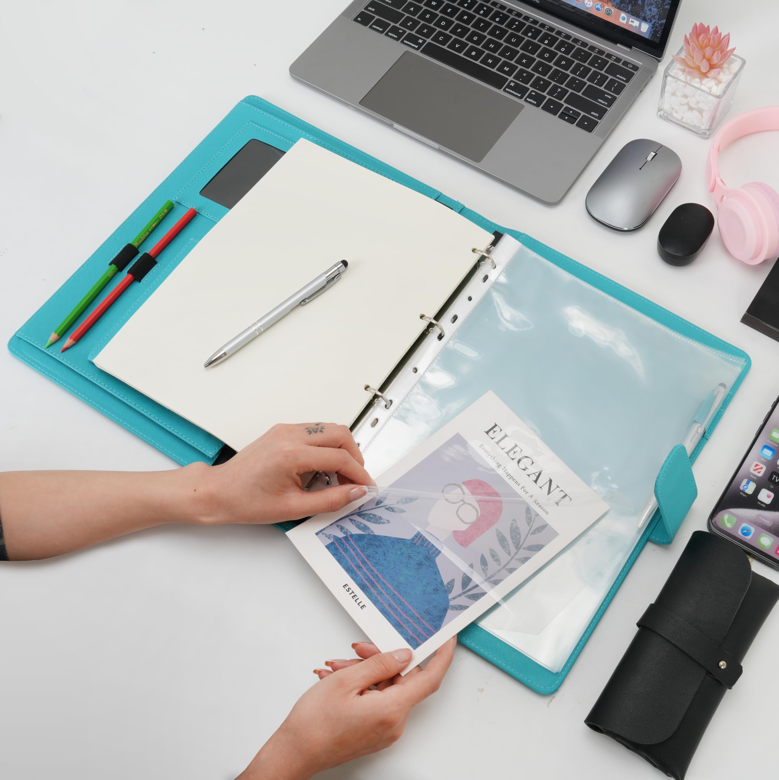 Wonderpool Portadocumenti A4 PU Pelle 4 Anelli Raccoglitore Rimovibile Tasca Funzionale Organizzatore Ufficio Viaggi Scuola Ciano