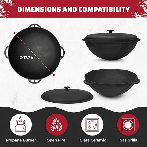 Miniatura 8 de Olla de horno holandés con tapa, 8.5 cuartos (8 L) "WOK" - Horno holandés de hierro fundido - Juego de utensilios de cocina de hierro fundido -