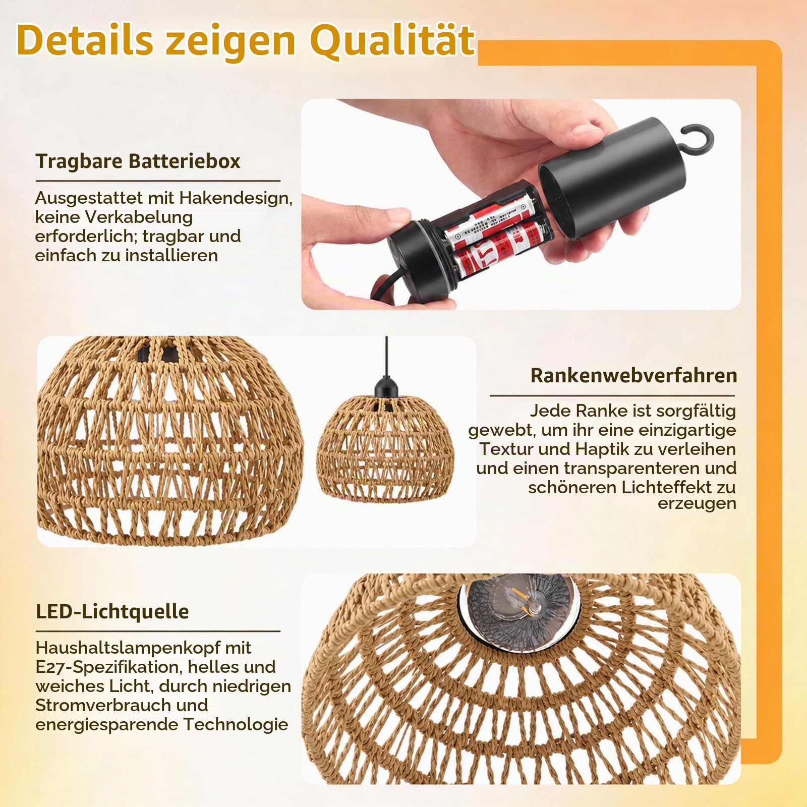 Rattan Hängelampe 2pcs, E27 Retro Pendelleuchte mit Dimmbar Schalter, Vintage akku Hängelampe, Boho Lampe, Indoor/Outdoor Hängeleuchte für Schlafzimmer Foyer Balkon