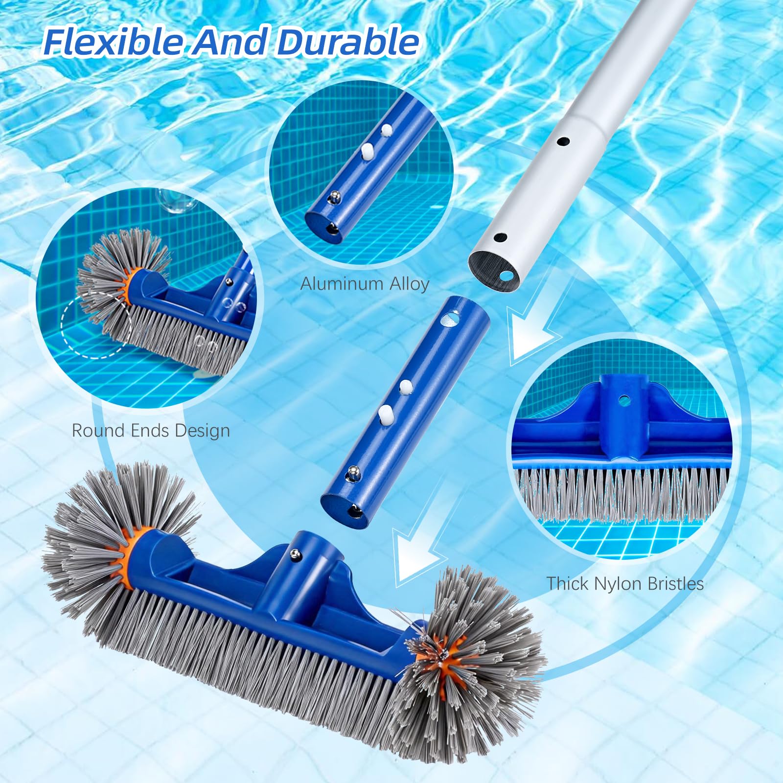 Balai Brosse Piscine Épuisette Piscine Kit de Nettoyage de, 2 Brosse Éponge, Brosse de avec Extrémités Rondes avec 170CM Télescopique Réglable pour Nettoyer la Fontaine Bassins