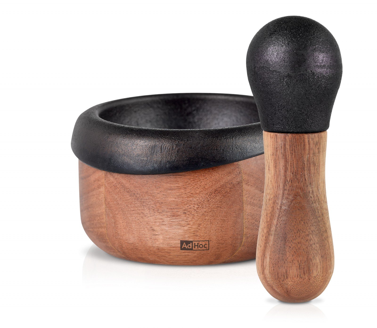 AdHocCrush Pestle & Mortar Set, 13cm, Durable Cast Iron/Acacia Wood, Spice Grinder/Herb Grinder