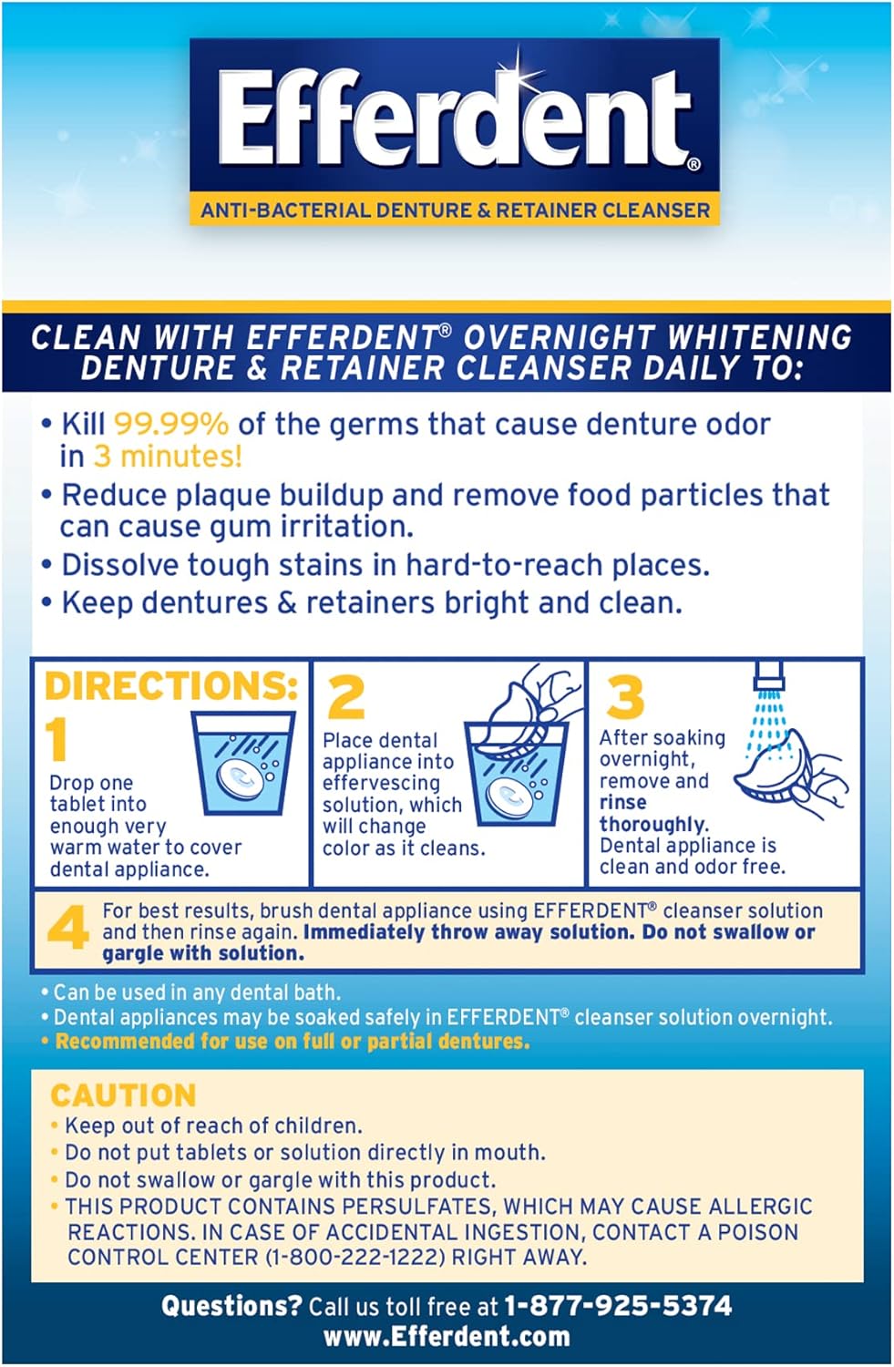 Efferdent Retainer Cleaner & Denture Cleanser Tablets, Overnight Whitening, 126 Tablets : Health & Household