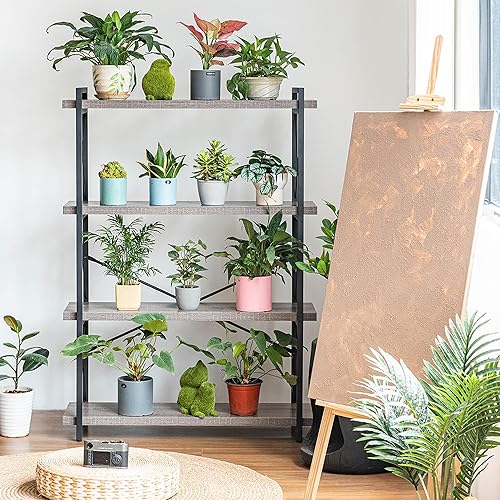 Miniatura 9 de HCHQHS Librería, estantería industrial de 4 niveles, estantería abierta rústica, estanterías altas independientes con marco de metal